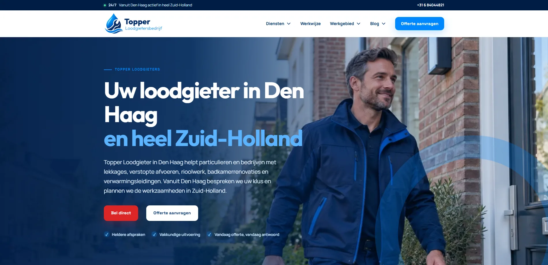 De homepage van Topper Loodgietersbedrijf in Den Haag