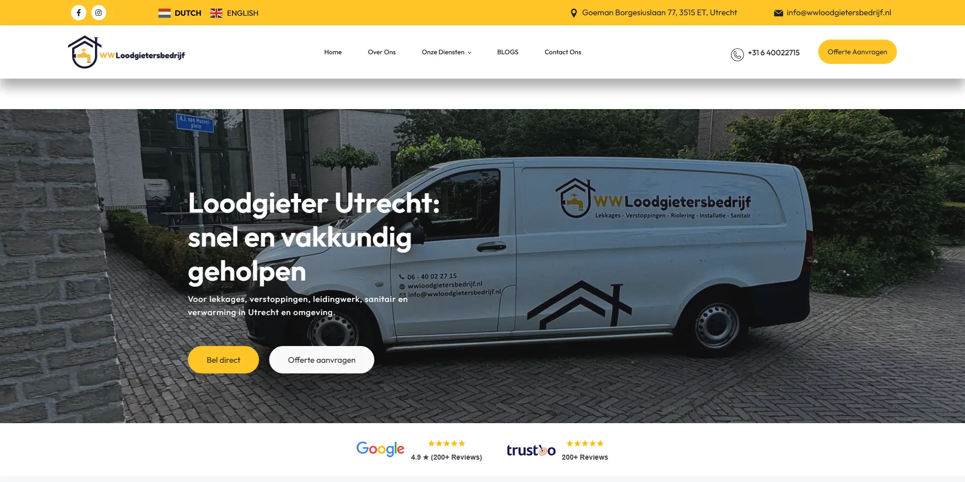 De homepage van WW Loodgietersbedrijf